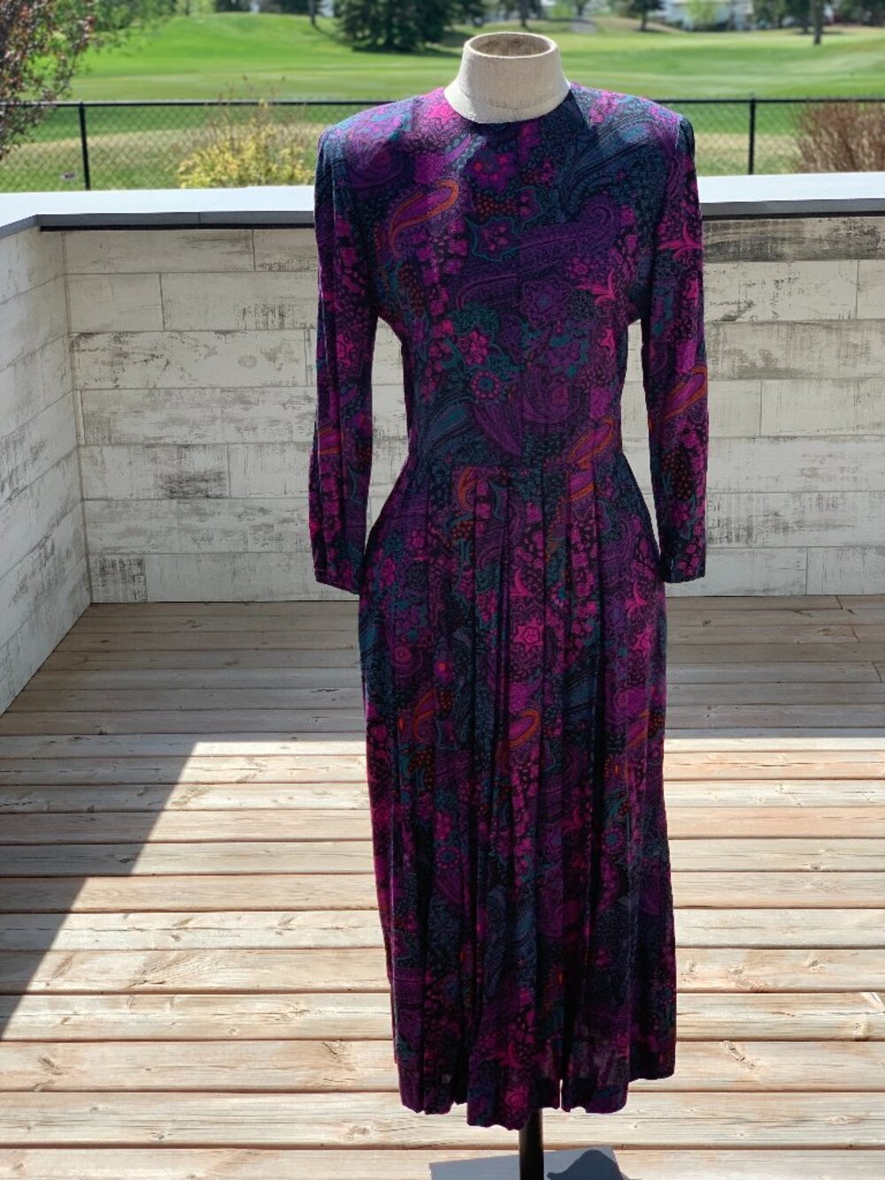 Vintage Paisley Maxi Midi Dress M Purple Pleated Long Puff Sleeve Pockets Modest - Picture 2 of 16